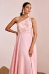 Suruchi Parakh_Pink Georgette Embroidery Thread Asymmetric One Shoulder Gown _at_Aza_Fashions