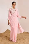 Buy_Suruchi Parakh_Pink Georgette Embroidery Bead Round Neck Pre-draped Saree With Blouse _at_Aza_Fashions