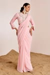 Suruchi Parakh_Pink Georgette Embroidery Bead Round Neck Pre-draped Saree With Blouse _Online_at_Aza_Fashions