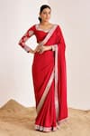 Buy_Suruchi Parakh_Red Georgette Embroidery Mirror Leaf Neck Border Saree With Blouse _at_Aza_Fashions