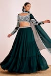 Buy_Suruchi Parakh_Emerald Green Georgette Embroidery Pearl Scallop Waistband Tiered Lehenga Set _Online_at_Aza_Fashions