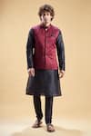 Buy_Aryavir Malhotra_Maroon Banarasi Jacquard Embellishment Stone Nehru Jacket And Churidar Set _at_Aza_Fashions