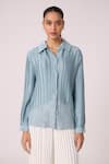 Buy_Scarlet Sage_Blue 100% Polyester Textured Pleated Collar Gaby Satin Shirt _at_Aza_Fashions