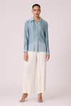 Buy_Scarlet Sage_Blue 100% Polyester Textured Pleated Collar Gaby Satin Shirt _Online_at_Aza_Fashions