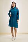 Shop_Samyukta Singhania_Blue Crepe Embroidered Cutdana Collared And Moti Shirt Dress 