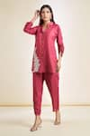 Shop_Samyukta Singhania_Red Dola Silk Embroidered Floral Collared Placement Tunic And Pant Set 