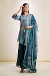 Buy_Samyukta Singhania_Grey Kurta Chinon Embroidered Thread V Neck Floral Asymmetric Tunic Pant Set 