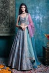 Buy_Jiya by Veer Design Studio_Blue Brocade Embroidered Floral Sweetheart Woven Lehenga Set _at_Aza_Fashions