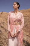 ISLIE BY PRIYA JAIN_Peach Organza Embellished Crystal V Neck Border Pre-draped Saree With Blouse _Online_at_Aza_Fashions