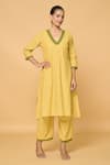 Buy_Khwaab by Sanjana Lakhani_Green Cotton Lace V Neck Kurta 