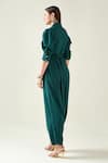 Shop_Aakaar_Green Moss Crepe Shawl Collar Classic Alloy Draped Jumpsuit With Metallic Belt _at_Aza_Fashions