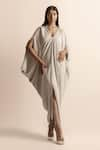 Buy_Abhishek Sharma_White Textured Net Embellished Beads V-neck Asymmetrical Draped High Slit Dress _at_Aza_Fashions