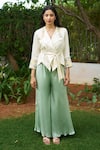 Buy_Purple Patch_Off White Modal Satin Embroidered Thread Tulip Peplum Top With Flared Pant _at_Aza_Fashions