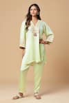 Buy_Spring Break_Green Cotton Satin Embroidered Lace Yoke Kurta And Pant Set For Kids_at_Aza_Fashions