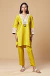 Buy_Spring Break_Yellow Art Silk Embroidered Lace Neckline Straight Kurta And Pant Set For Kids_at_Aza_Fashions