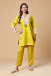 Shop_Spring Break_Yellow Art Silk Embroidered Lace Neckline Straight Kurta And Pant Set For Kids_Online_at_Aza_Fashions