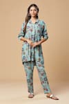 Shop_Spring Break_Blue Cotton Printed Floral Collared Shirt And Pant Set _Online_at_Aza_Fashions