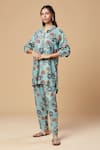 SPRING BREAK_Blue Cotton Printed Floral Collared Shirt And Pant Set _at_Aza_Fashions