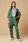 Buy_Spring Break_Green Cotton Printed Floral Mandarin Collar Embroidered Kaftan Tunic And Pant Set _at_Aza_Fashions