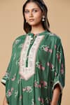 Spring Break_Green Cotton Printed Floral Mandarin Collar Embroidered Kaftan Tunic And Pant Set _Online_at_Aza_Fashions