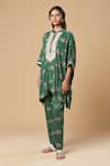 Shop_Spring Break_Green Cotton Printed Floral Mandarin Collar Embroidered Kaftan Tunic And Pant Set _Online_at_Aza_Fashions