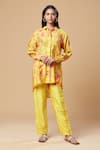 Buy_SPRING BREAK_Yellow Blended Silk Printed Floral Collared Shirt And Pant Set _at_Aza_Fashions