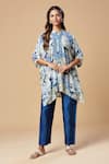 Shop_Spring Break_Blue Muslin Silk Printed Floral Mandarin Collar Tunic And Pant Set _Online_at_Aza_Fashions