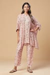 Buy_SPRING BREAK_Pink Muslin Silk Printed Floral Mandarin Embroidered Kaftan Tunic And Pant Set _at_Aza_Fashions