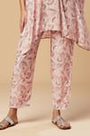 SPRING BREAK_Pink Muslin Silk Printed Floral Mandarin Embroidered Kaftan Tunic And Pant Set _Online_at_Aza_Fashions