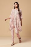 Shop_SPRING BREAK_Pink Muslin Silk Printed Floral Mandarin Embroidered Kaftan Tunic And Pant Set _Online_at_Aza_Fashions