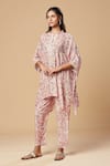 Spring Break_Pink Muslin Silk Printed Floral Mandarin Embroidered Kaftan Tunic And Pant Set _at_Aza_Fashions