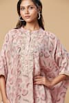 Buy_SPRING BREAK_Pink Muslin Silk Printed Floral Mandarin Embroidered Kaftan Tunic And Pant Set 