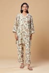 SPRING BREAK_Off White Muslin Silk Printed Floral V Neck Lace Embroidered Kurta And Pant Set _at_Aza_Fashions