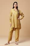 Spring Break_Yellow Blended Silk Printed Floral Collared Embroidered Shirt And Pant Set _at_Aza_Fashions