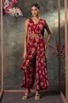 Buy_Mehak Murpana_Pink Crepe Printed Floral Blunt V Neck Peplum Top Dhoti Pant Set _at_Aza_Fashions