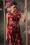 Mehak Murpana_Pink Crepe Printed Floral Blunt V Neck Peplum Top Dhoti Pant Set _Online_at_Aza_Fashions