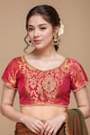 Buy_Khwaab by Sanjana Lakhani_Pink Banarasi Brocade Embroidery Pearl Leaf Neck Woven Blouse _at_Aza_Fashions