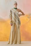 Buy_Aseem Kapoor_Beige Top Sheer Silk Embroidery Abstract Asymmetric Rasa With Flared Trouser _at_Aza_Fashions