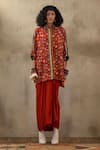 ASEEM KAPOOR_Red Shirt Natural Crepe Print Mandala Butti Collared Neck Embroidered Set _Online_at_Aza_Fashions