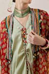 Buy_Aseem Kapoor_Green Kurta And Skirt Crushed Silk Printed Floral Jacket Open Veni Set 