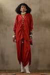 Buy_Aseem Kapoor_Red Crushed Silk Embroidery Tassel V Kuru Neckline Kurta And Draped Trouser Set _at_Aza_Fashions