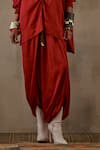 ASEEM KAPOOR_Red Crushed Silk Embroidery Tassel V Kuru Neckline Kurta And Draped Trouser Set _Online_at_Aza_Fashions