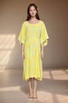 Buy_Khwaab by Sanjana Lakhani_Yellow Cotton Hand Block Printed Leaf Round Kaftan _at_Aza_Fashions