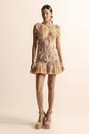 Buy_Abhishek Sharma_Beige Net Crepe Embroidered Beads High Ruffle Short Dress _at_Aza_Fashions