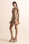 Abhishek Sharma_Beige Net Crepe Embroidered Beads High Ruffle Short Dress _Online_at_Aza_Fashions