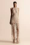 Buy_Abhishek Sharma_Ivory Net Crepe Embellished Stones Halter Web Maxi Dress _at_Aza_Fashions