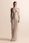 Buy_Abhishek Sharma_Ivory Net Crepe Embellished Beads Halter Dragonfly Dress _at_Aza_Fashions