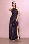 Buy_Khwaab by Sanjana Lakhani_Purple Chinnon Embroidery Sequin Halter Neck Dress 