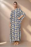 Buy_Khwaab by Sanjana Lakhani_Blue Cotton Hand Block Print Floral Round Collar Kaftan _at_Aza_Fashions