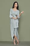 Buy_Khwaab by Sanjana Lakhani_Grey Sweat Satin Embroidered Bead Round Draped Dress With Belt 